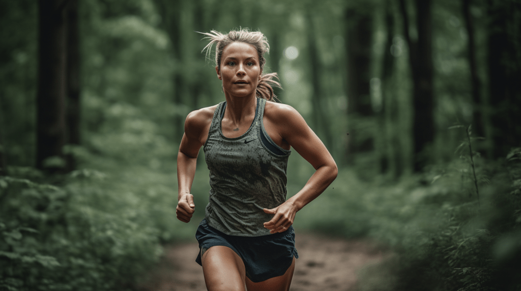 A women running in the forest trail