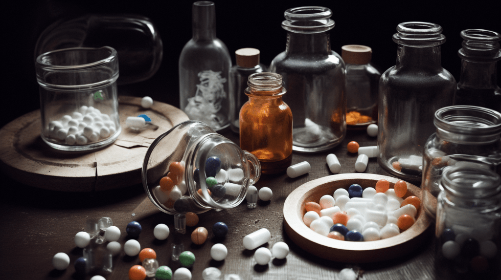 Scattered pills and empty glass bottles
