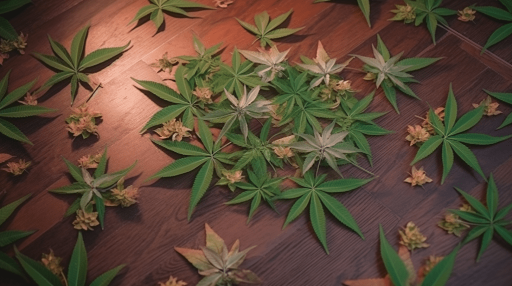 Cannabis leaves are placed on the table